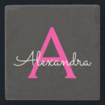 Dessous-de-verre En Pierre Chaud rose noir Script Girl Nom du monogramme<br><div class="desc">Noir et rose chaud Simple Script Monogramme Nom Carreau de pierre. Cela rend la remise de diplômes parfaite,  doux 16 ans,  mariage,  douche nuptiale,  anniversaire,  baby shower ou cadeau de fête de bachelorette pour quelqu'un qui aime le luxe glam et les styles chic.</div>