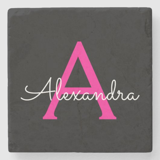 Dessous-de-verre En Pierre Chaud rose noir Script Girl Nom du monogramme (Devant)