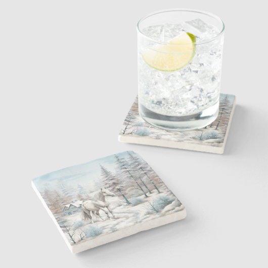 Dessous-de-verre En Pierre Cheval hiver scène neige forêt Noël (Côté)