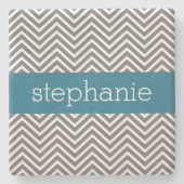 Dessous-de-verre En Pierre Chevrons Turquoise et Grey Nom personnalisé (Devant)