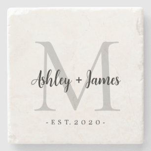 Dessous-de-verre En Pierre Chic Argent Monogramme Noms de script Mariage Date