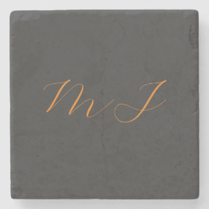 Dessous-de-verre En Pierre Chic calligraphie gris orange monogramme nom initi