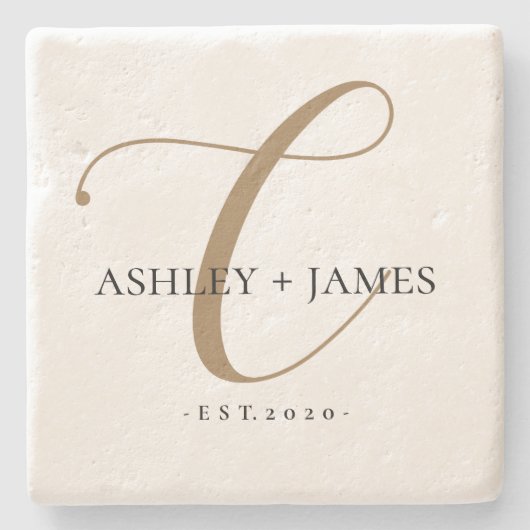 Dessous-de-verre En Pierre Chic Gold C Monogramme Nom du script Mariage Date (Devant)