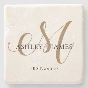 Dessous-de-verre En Pierre Chic Gold M Monogramme Nom du script Mariage Date