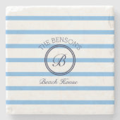 Dessous-de-verre En Pierre Chic Monogram Blue Stripes Nom de famille Beach Ho (Devant)