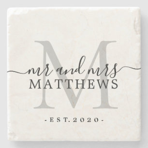 Dessous-de-verre En Pierre Chic Monogramme Argent Nom Date de Mariage en Écri
