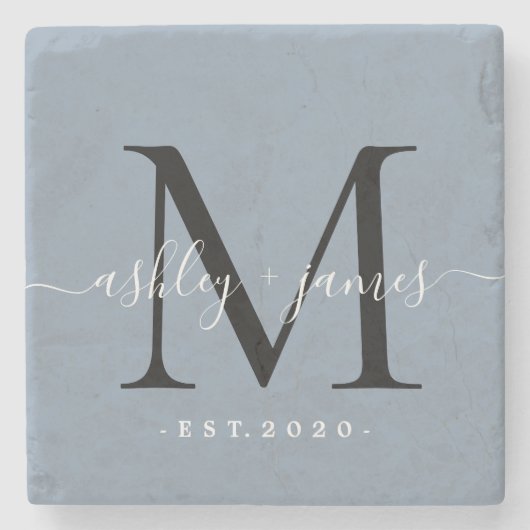 Dessous-de-verre En Pierre Chic Monogramme Écriture Nom Date de Mariage Bleu (Devant)