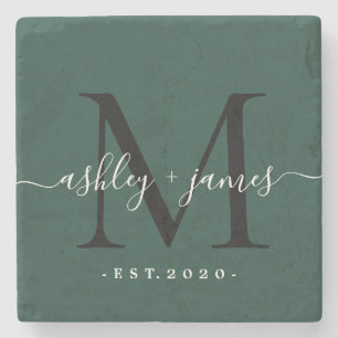 Dessous-de-verre En Pierre Chic Monogramme Nom écrit Date de mariage Vert fon