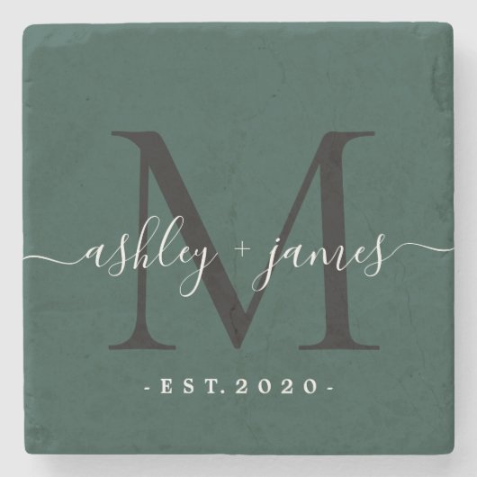 Dessous-de-verre En Pierre Chic Monogramme Nom écrit Date de mariage Vert fon (Devant)