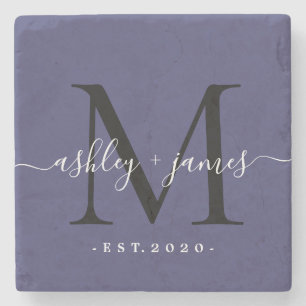 Dessous-de-verre En Pierre  Chic Monogramme Noms de script Mariage Date Marin