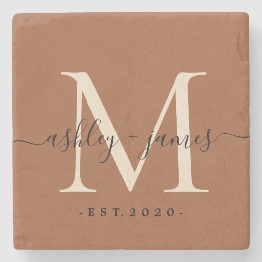 Dessous-de-verre En Pierre Chic Monogramme Script TerraCotta Noms Mariage Dat (Devant)