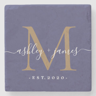 Dessous-de-verre En Pierre Chic Noms Monogramme Script Or Mariage Date Bleu