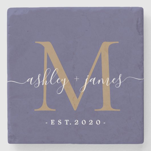 Dessous-de-verre En Pierre Chic Noms Monogramme Script Or Mariage Date Bleu (Devant)