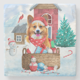 Dessous-de-verre En Pierre Chien de Corgi dans la neige Maison de Chien de No