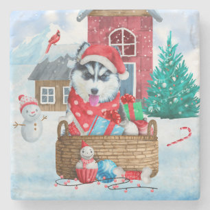 Dessous-de-verre En Pierre Chien de Sibérie Husky dans la neige Maison de Chi