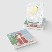 Dessous-de-verre En Pierre Chien roi Cavalier en neige avec cadeaux de Noël (Côté)