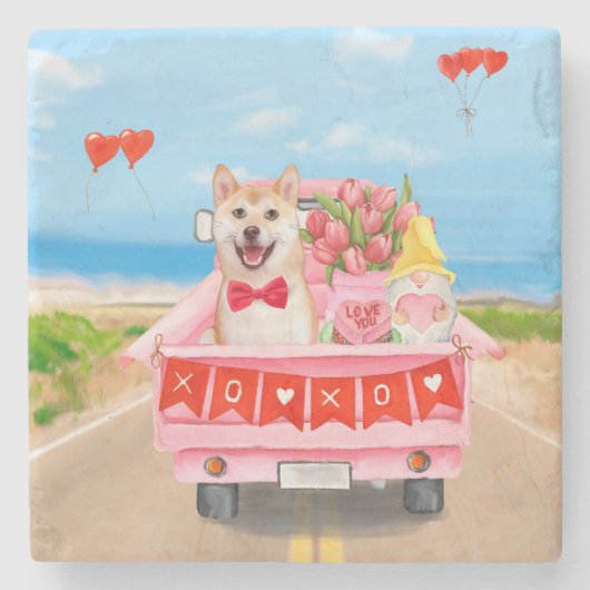 Dessous-de-verre En Pierre Chien Shiba Inu Saint Valentin Coeurs de Camion (Devant)