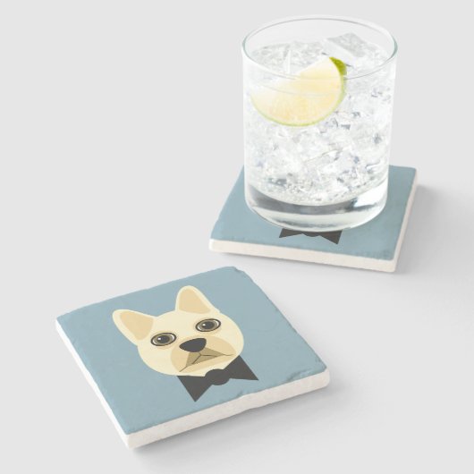 Dessous-de-verre En Pierre Chien-taureaux français avec bleu-bowtie (Côté)