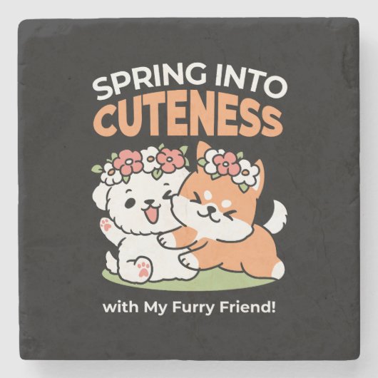 Dessous-de-verre En Pierre Chiens de jeu avec Flower Crowns - Fun Spring Them (Devant)