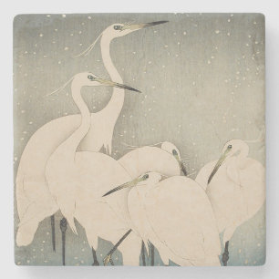 Dessous-de-verre En Pierre Chinoiserie Aigrette Blanche Motif Neige d'Hiver
