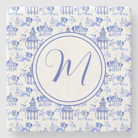 Dessous-de-verre En Pierre Chinoiserie Aquarelle Pagode Motif Monogramme (Devant)