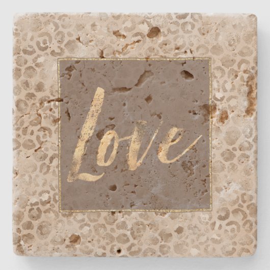 Dessous-de-verre En Pierre Chocolate Mocha Leopard Print Gold Love Square   (Devant)