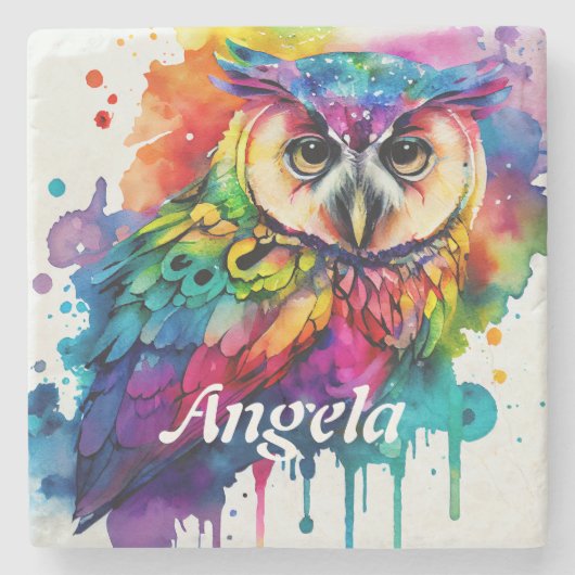 Dessous-de-verre En Pierre Chouette aquarelle dynamique personnalisée (Devant)