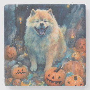 Dessous-de-verre En Pierre Chow Chow Halloween avec citrouilles effrayant