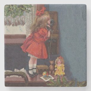 Dessous-de-verre En Pierre Christmas Little Girl Téléphone Antique