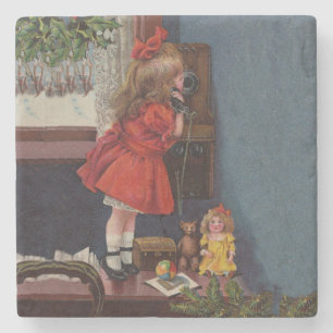 Dessous-de-verre En Pierre Christmas Little Girl Téléphone Antique