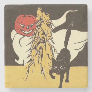 Dessous-de-verre En Pierre Citrouille Fantôme Chat Noir Tige de Maïs