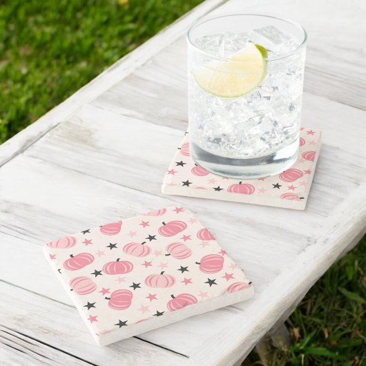 Dessous-de-verre En Pierre Citrouille rose et noir avec étoiles Halloween et