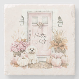 Dessous-de-verre En Pierre Citrouilles Fleurs Chien Porte Rose