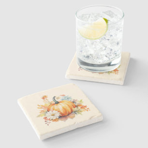 Dessous-de-verre En Pierre Citrouilles orange et fleurs automne