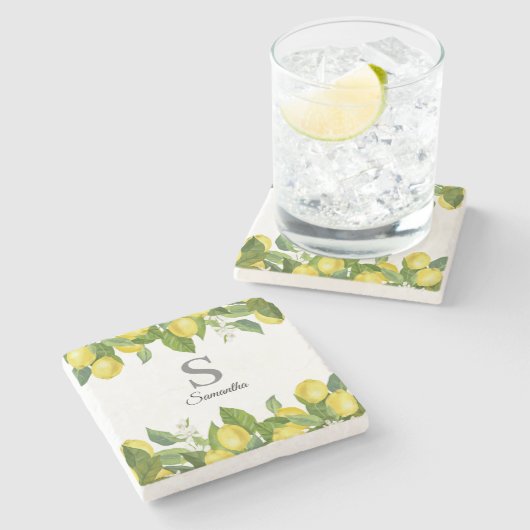 Dessous-de-verre En Pierre Citrus citron Nom du monogramme (Côté)