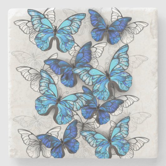 Dessous-de-verre En Pierre Composition de papillons blancs et bleus (Devant)