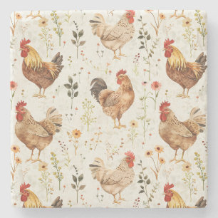 Dessous-de-verre En Pierre Coqs de ferme Poules Fleurs
