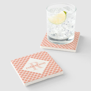 Dessous-de-verre En Pierre Corail et Géométrique Moderne Monogrammé Blanc