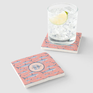 Dessous-de-verre En Pierre Corail | Nom + Aquarelle Monogram Requin Méduse