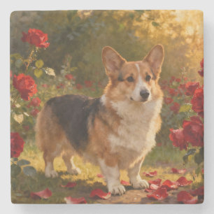 Dessous-de-verre En Pierre Corgi dans les Roses V