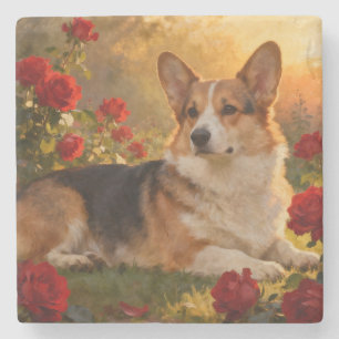 Dessous-de-verre En Pierre Corgi dans les Roses VI