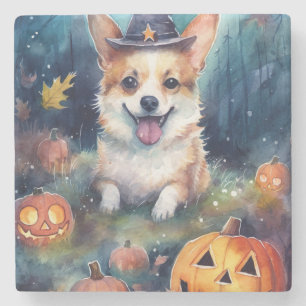 Dessous-de-verre En Pierre Corgi Halloween avec citrouilles effrayant