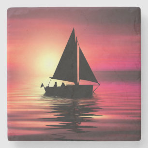Dessous-de-verre En Pierre Coucher de soleil, Bateau à voile dans la mer-3918