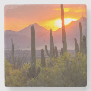 Dessous-de-verre En Pierre Coucher de soleil de cactus du désert, Arizona