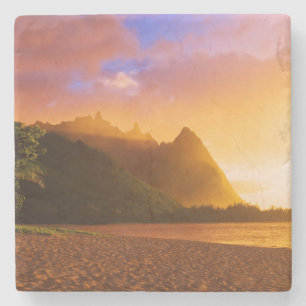 Dessous-de-verre En Pierre Coucher de soleil sur la plage dorée, Hawaï