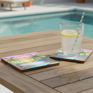 Dessous-de-verre En Pierre Coucher de soleil sur la plage tropicale de l'île