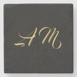 Dessous-de-verre En Pierre Couleurs d'or noir Monogramme Calligraphie initial