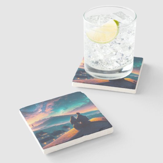 Dessous-de-verre En Pierre Couple Assis Sur Le Toit (Côté)