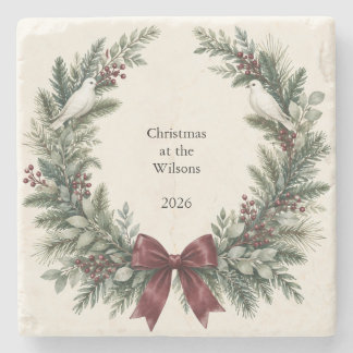 Dessous-de-verre En Pierre Couronne de Noël en branches de sapin avec ruban b