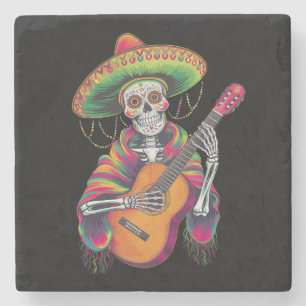 Dessous-de-verre En Pierre Crâne de squelette de la fête Cinco De Mayo Guitar